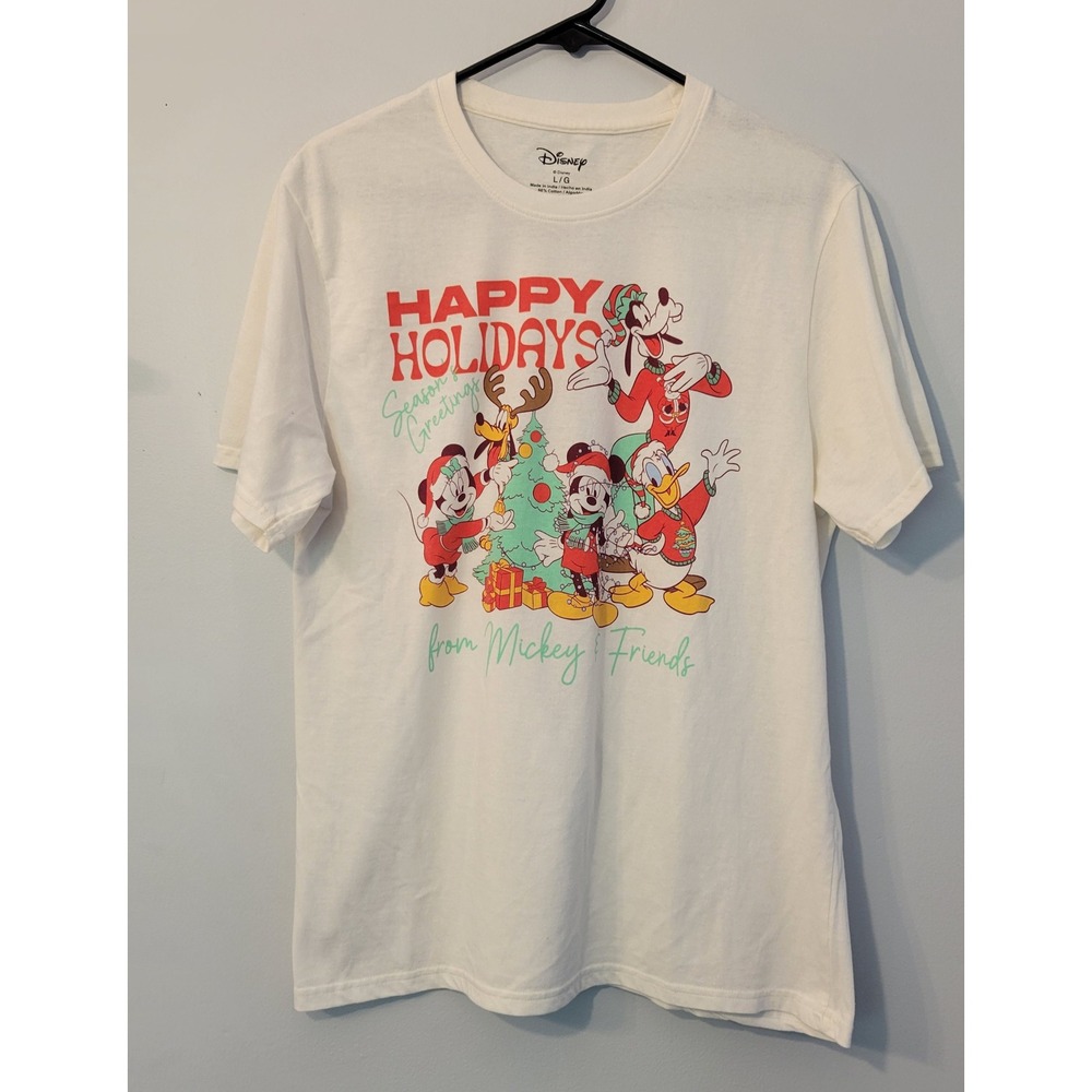 Disney Mickey & Friends Happy Holidays Christmas Graphic T-Shirt Cream Large